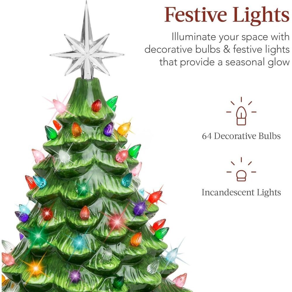 15in Ceramic Christmas Tree Pre lit Hand Painted Tabletop Holiday Tree 64 Lights - Picture 3 of 7